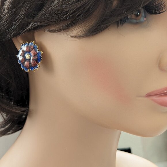 1980s Enamel Flower Pierced Post Earrings Purple Blue Glam Diva Artsy Gold Plt - Picture 2 of 9